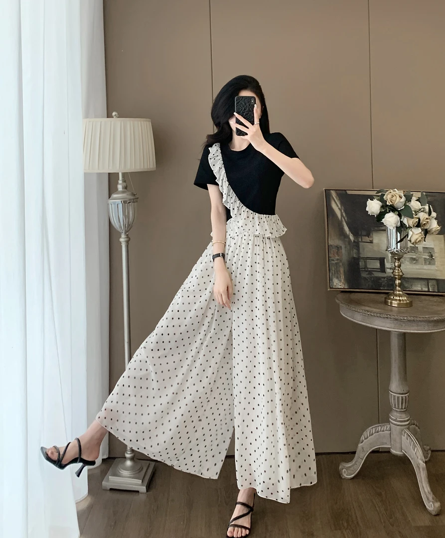 2025女装流行穿搭套装夏季短袖时尚波点阔腿裙裤高腰显瘦两件套