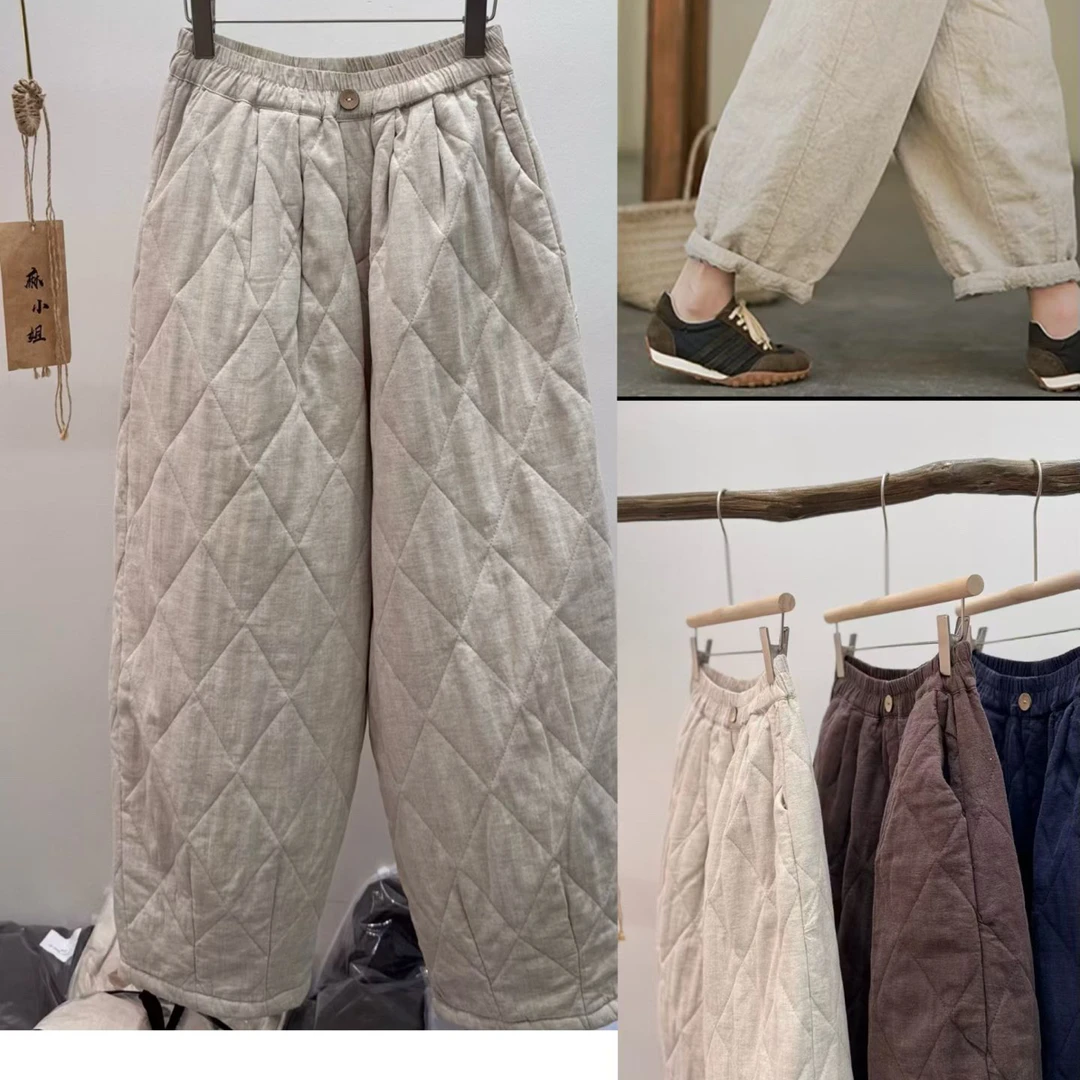 100%汉麻简约风文艺菱形格加厚夹棉超级显瘦棉裤  88232