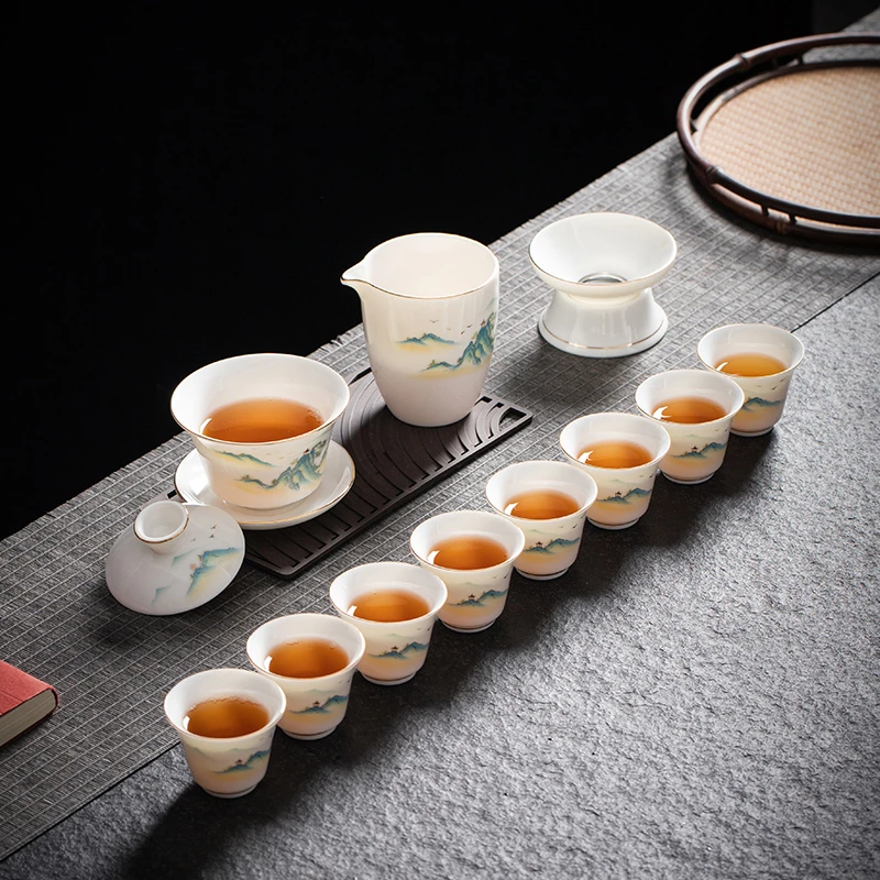 羊脂玉白瓷茶具功夫套装描金山水高档盖碗茶杯家用客厅办公室泡茶