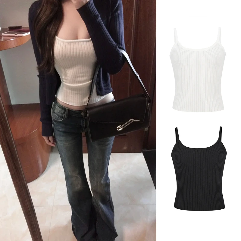 Moses Queen/魔西女王藏青色纽扣开衫针织衫时髦内搭叠穿吊带背心