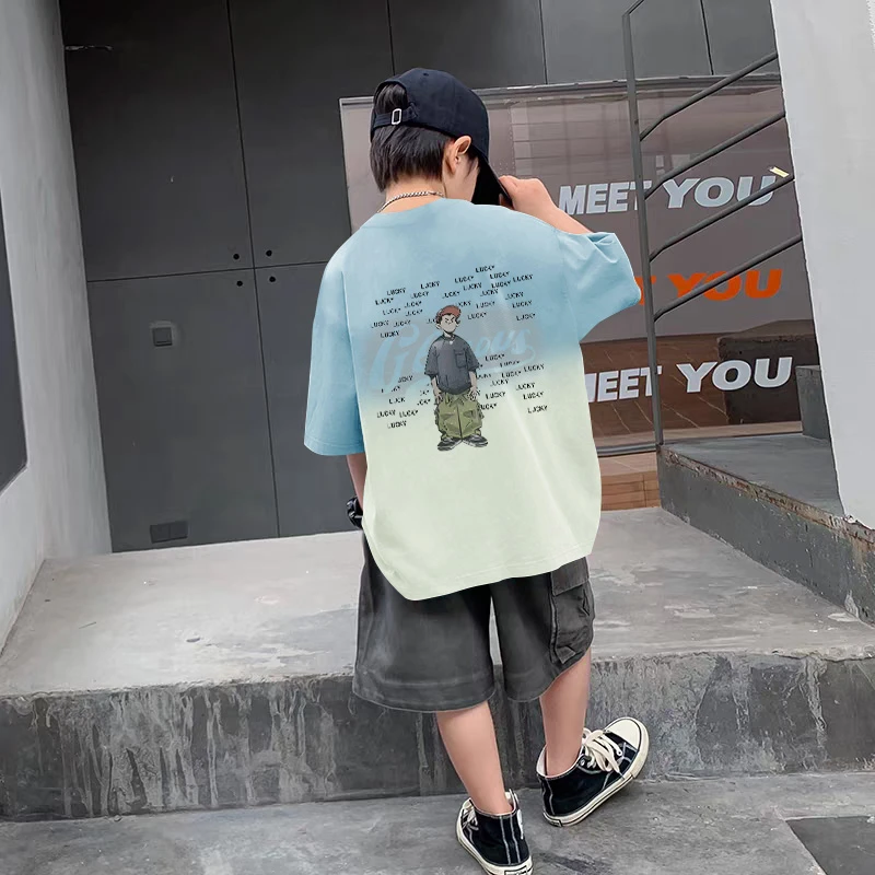 【100%纯棉】儿童T恤吊染短袖外贸品质2025新款男孩夏半袖中大童潮T