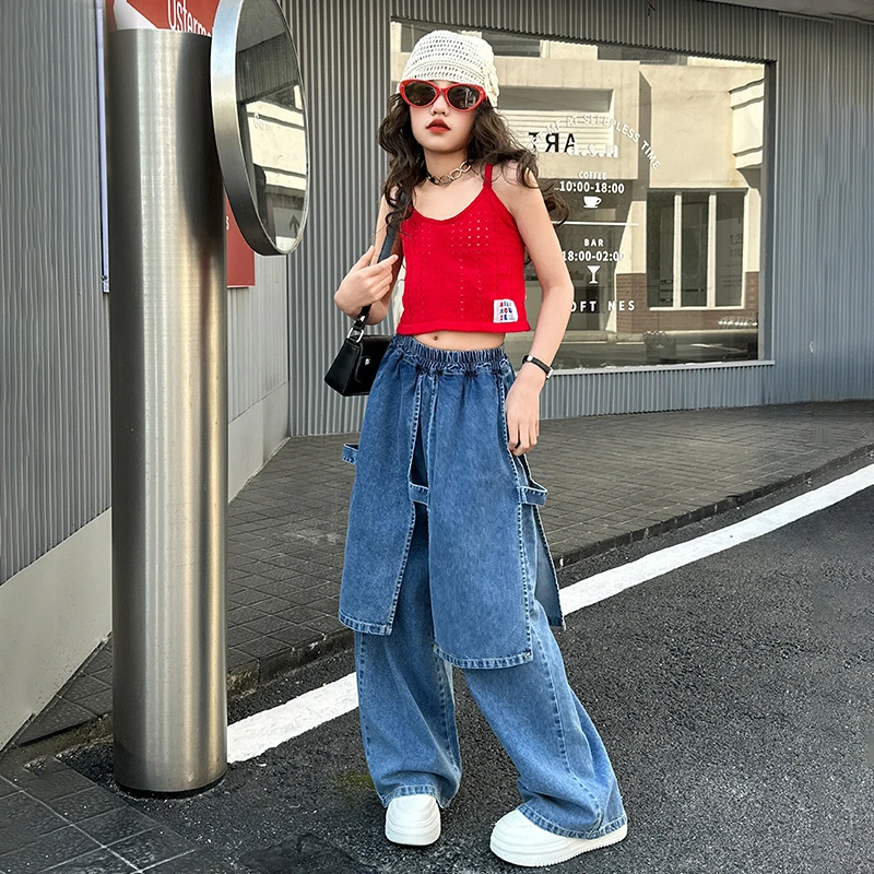 【酷哒仔】女童屁帘牛仔裤子红色吊带背心两件套装2025夏季中大童潮