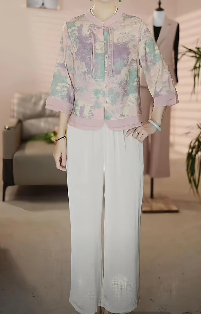 T1476提花休闲风时尚套装时尚国风唐装气质女装设计师夏季印花