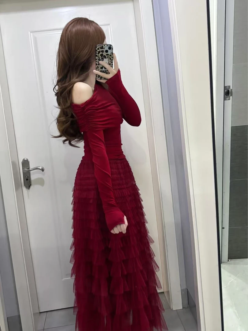 酒红色层层叠叠蛋糕裙女小个子半身裙a字中长裙蕾丝网纱裙蓬蓬裙