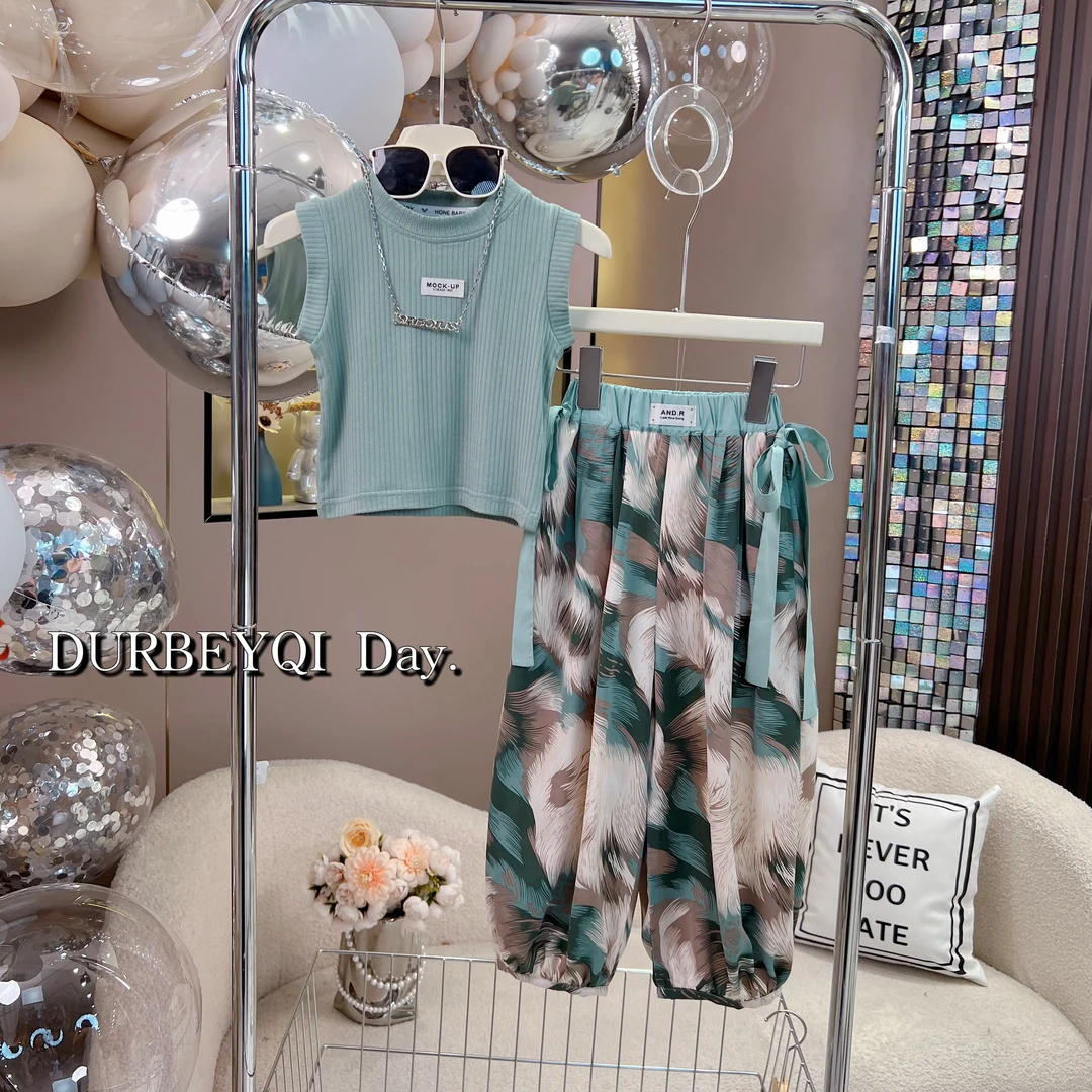 女童夏季新款纯色无袖背心休闲显瘦裤子套装4540