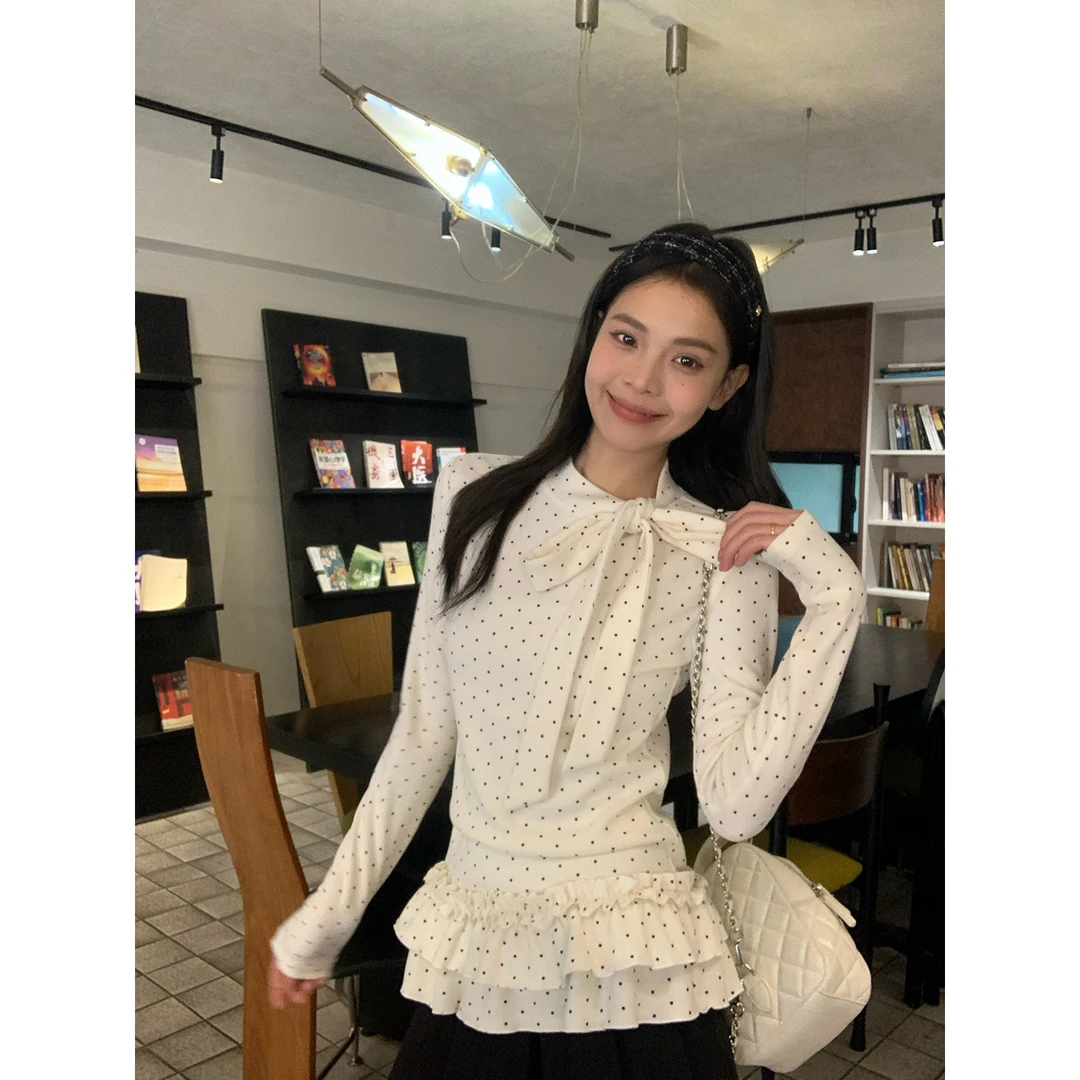 宋正恩12/15 上新【黑色波点元素绑带设计双层花边T】AA27515