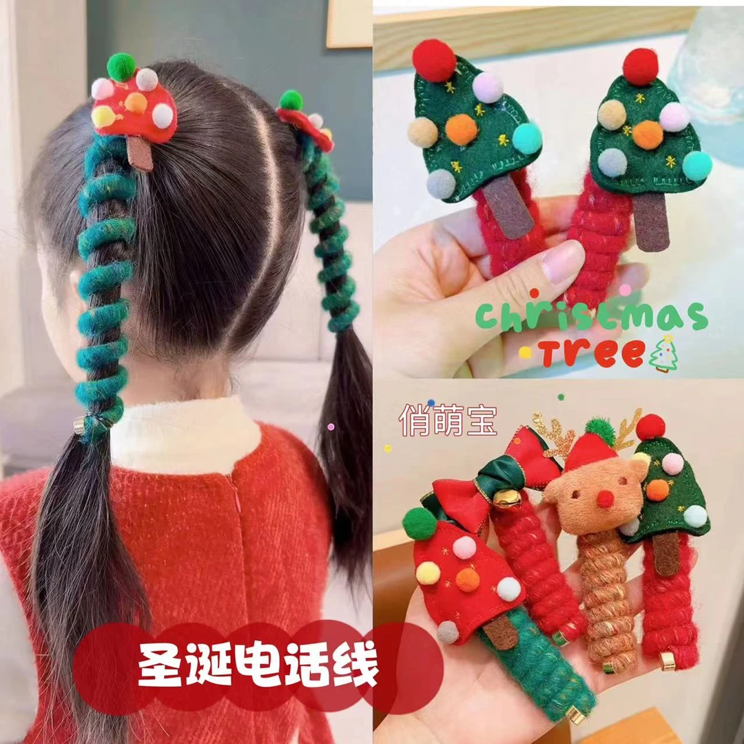 圣诞电话线发圈发绳圣诞节日卡通绑头发头饰发卡发饰