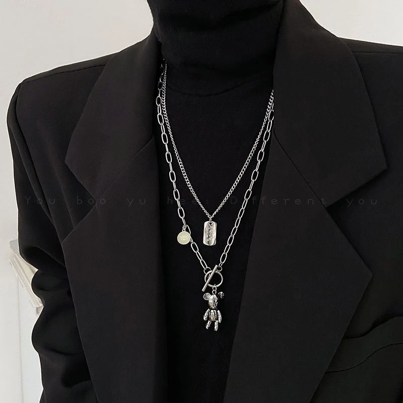 钛钢项链 甜酷小熊双层钛钢长款毛衣链轻奢小众设计感卫衣链项链