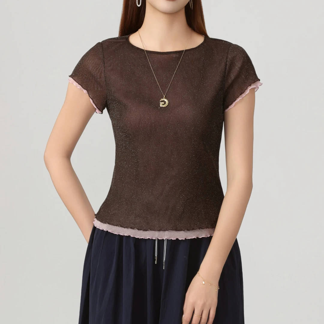 GIRDEAR/哥弟早春新款百搭时尚复古拼接不规则花边短袖T恤130162