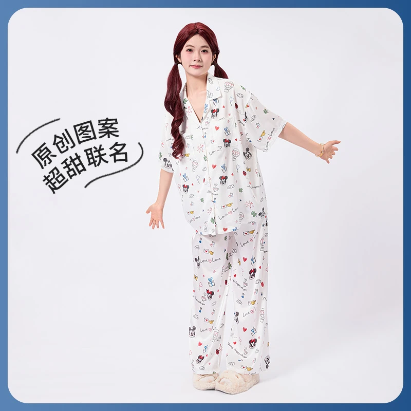 【琦儿专属】迪士尼夏季甜美风翻领短袖新款家居服三件套女