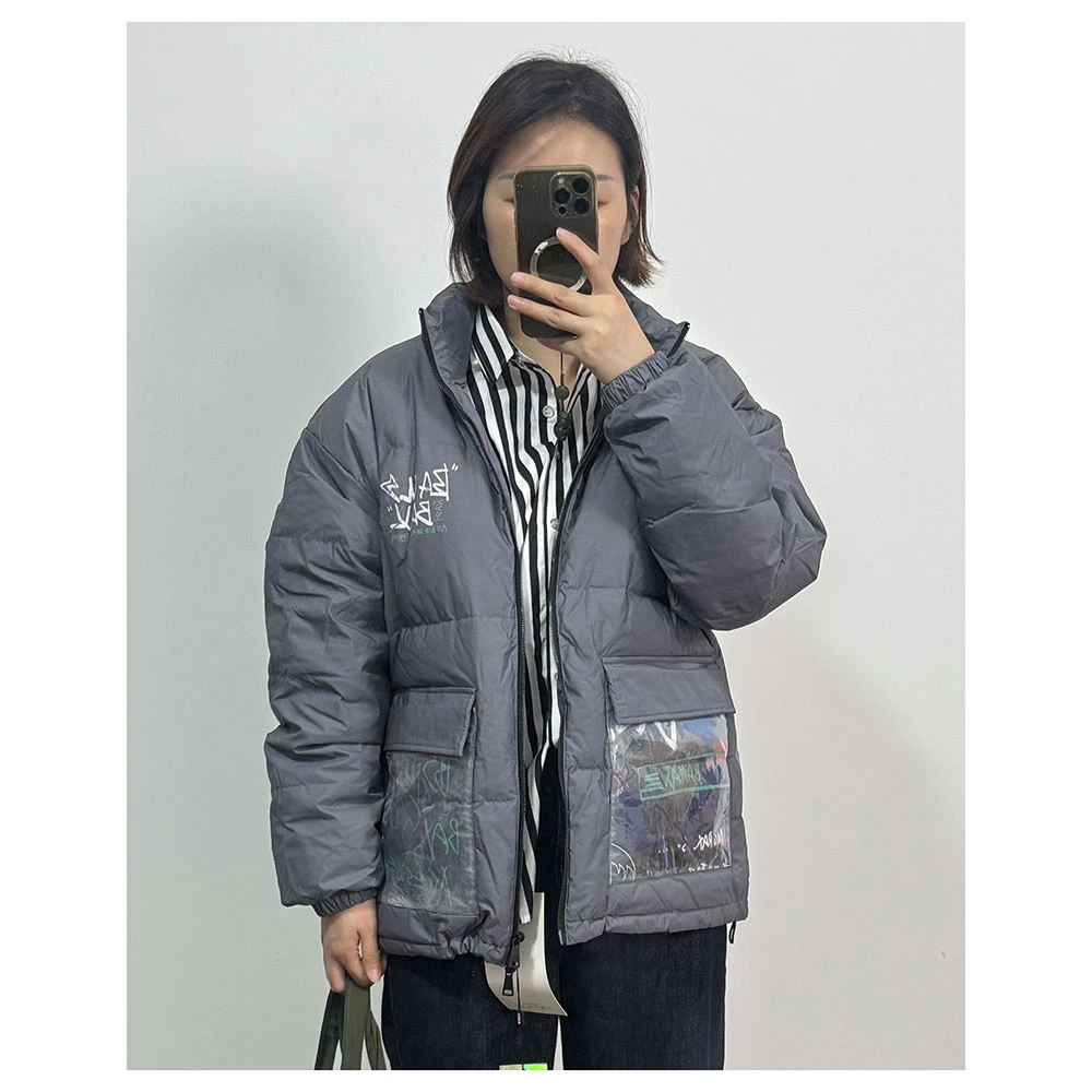 WT142   秋冬新款时尚休闲宽松印花立领拉链长袖羽绒外套男女同款