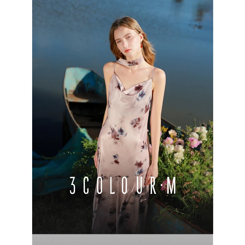 【小北专属】三彩2025春季新款绒感印花连衣裙无袖吊带裙荡dbx