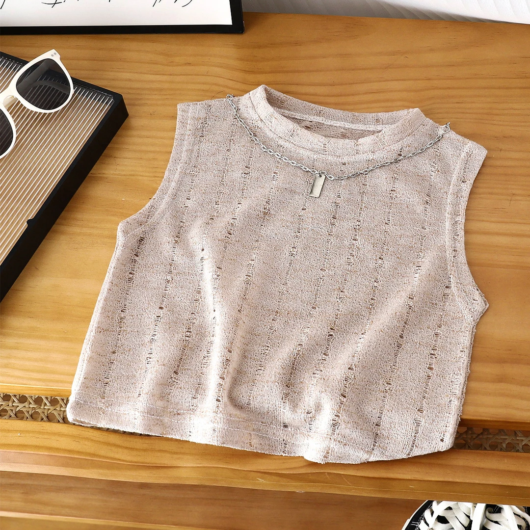 夏季2025无袖破洞背心打底透气时尚宽松圆领T恤韩版可爱背心休闲