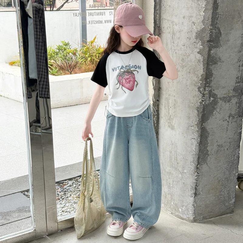 女童夏装套装2025新款女孩大童弯刀牛仔裤两件套儿童夏日短袖t恤