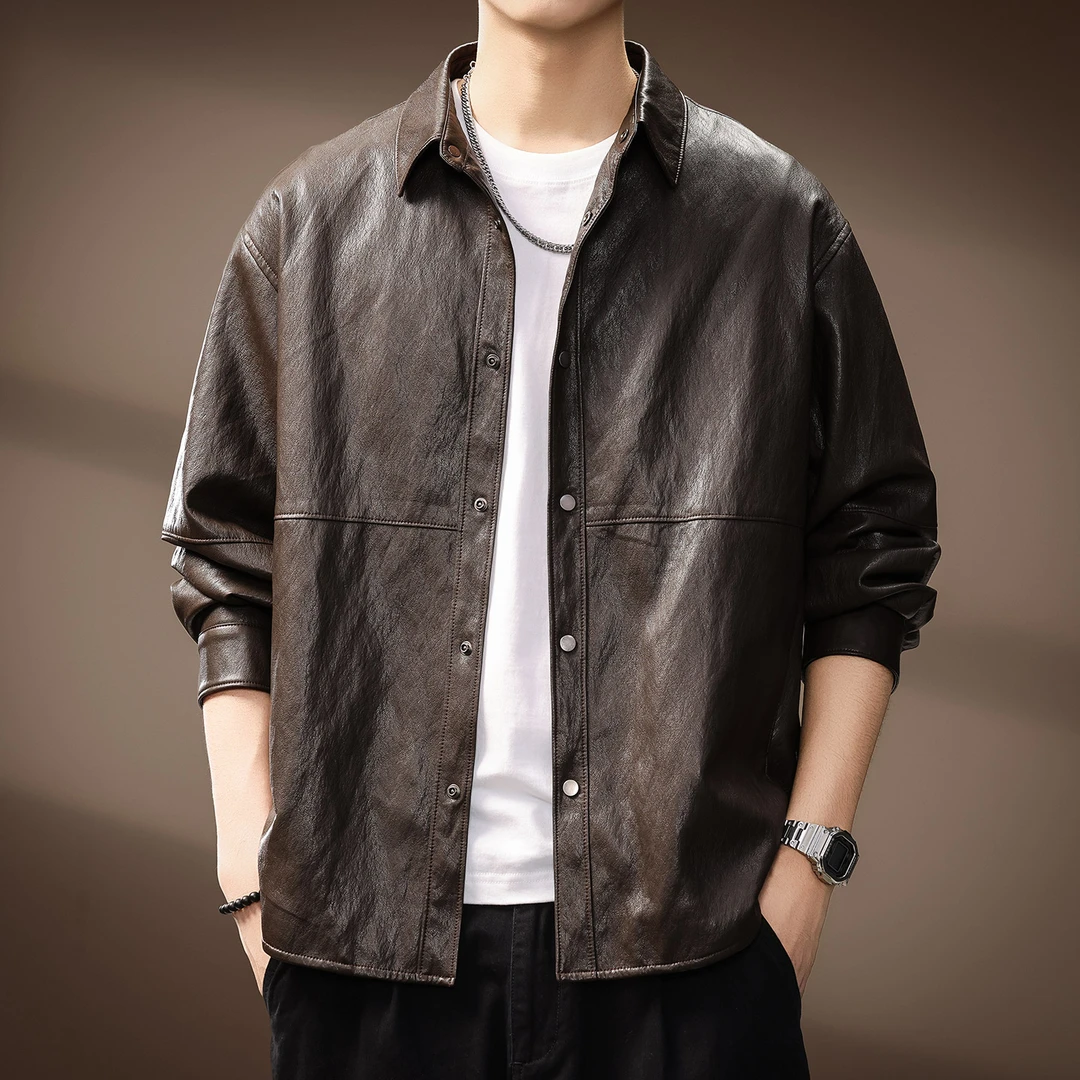美式复古重工水洗PU皮衣男士潮牌痞帅工装外套秋季户外机车夹克男
