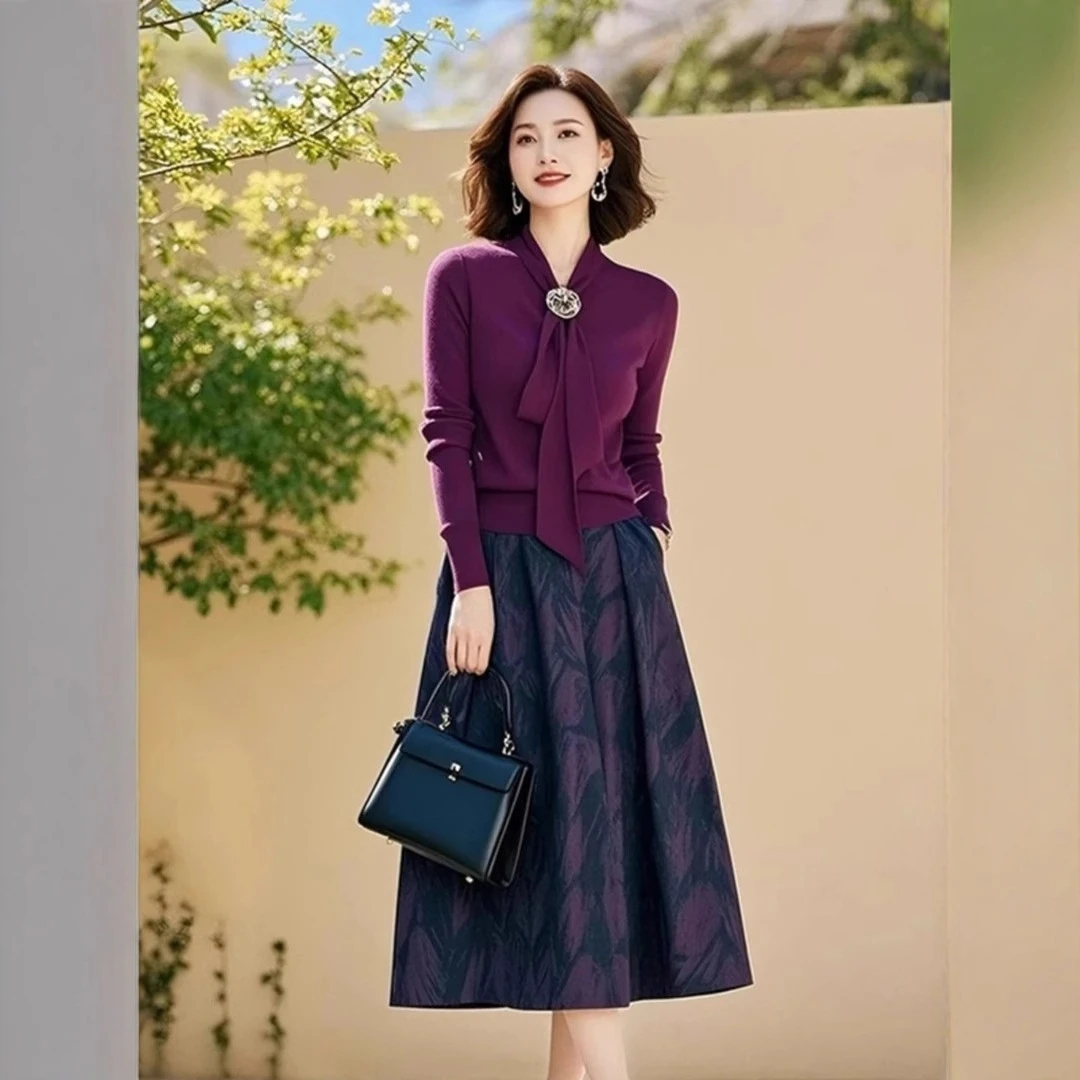 紫色针织套装女2025秋季新款飘带上衣印花半身裙两件套洋气裙子
