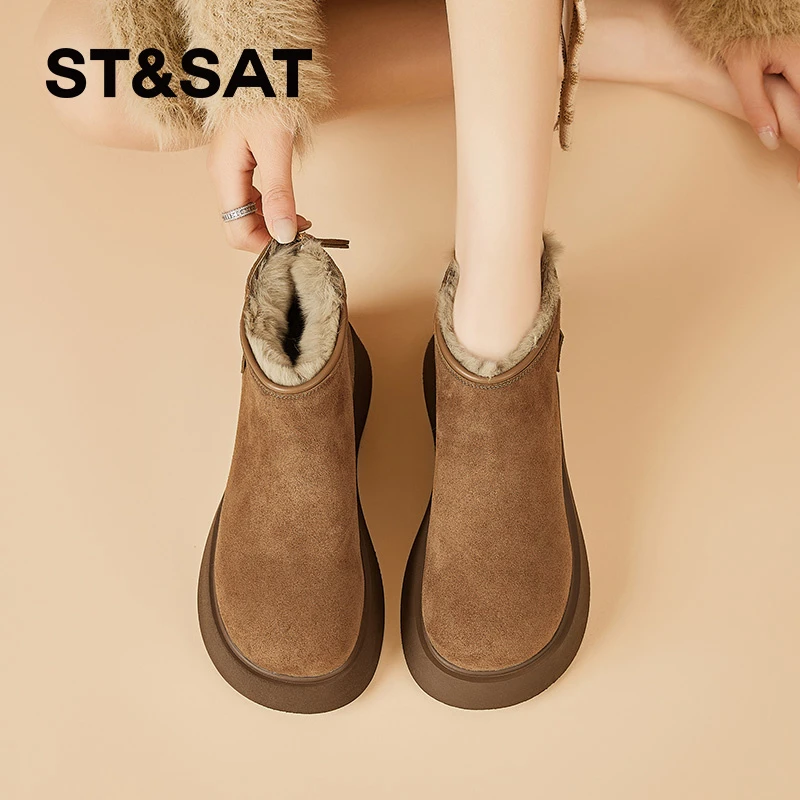 星期六卡皮巴拉兔毛勃肯短靴新款复古加绒厚底保暖雪地靴东北棉靴