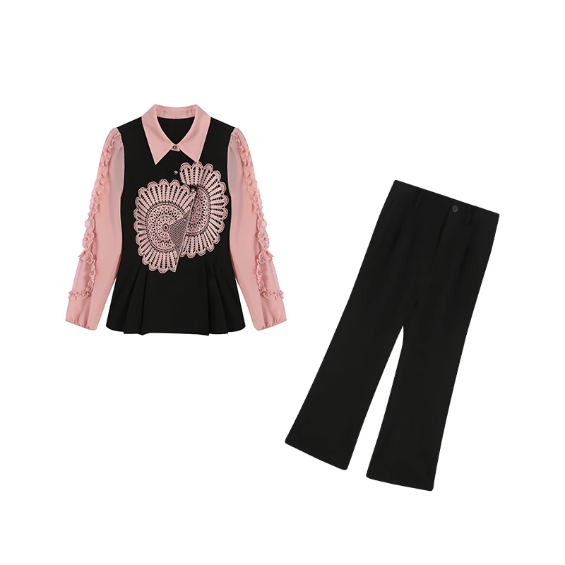 周周-五季家胖妹妹显瘦春季新款时尚上衣微喇裤两件套ZL104183