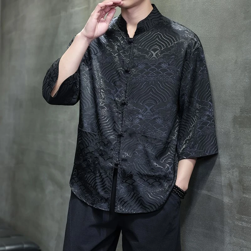 大码宽松短袖衬衫古风男士潮流七分袖薄款中式唐装衬衣夏季中国风