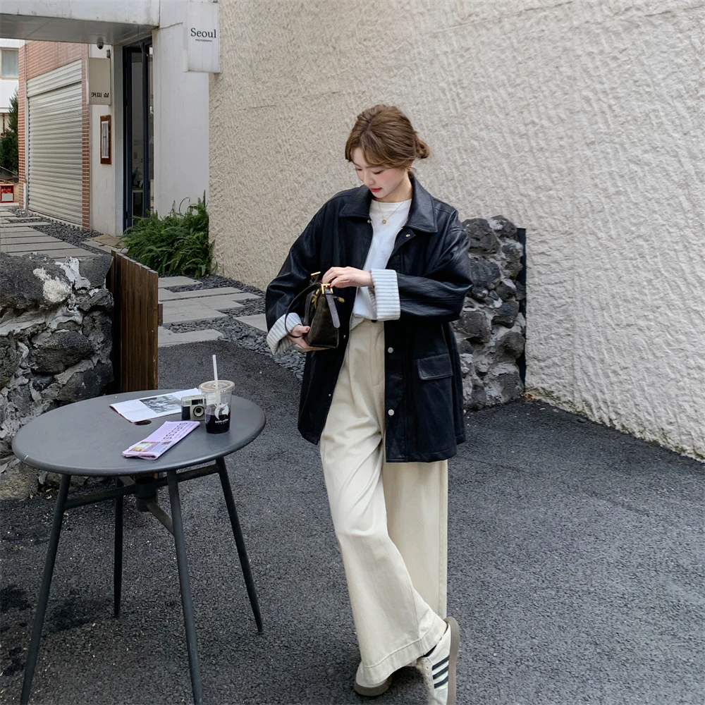 条纹拼接黑色皮衣外套女春秋2025新款高级感爆款美式机车服夹克