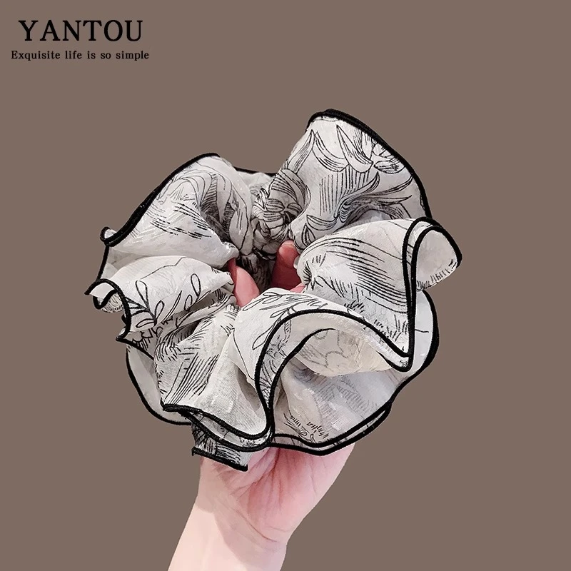 复古清冷多层小蛮腰褶皱印花肥肠圈韩国高端水墨皮筋耐用新款发圈