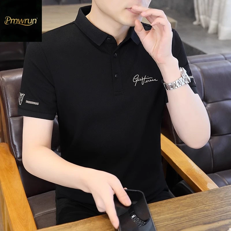 Pmwrun高端男士短袖夏季翻领刺绣男T恤黑色简约冰丝商务POLO衫