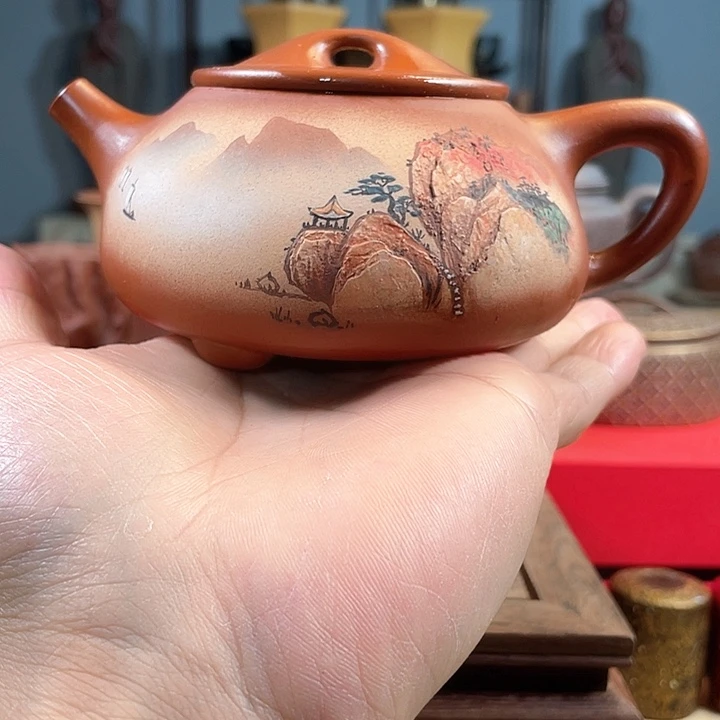 无***境茶杯紫砂朱泥石瓢堆绘山水