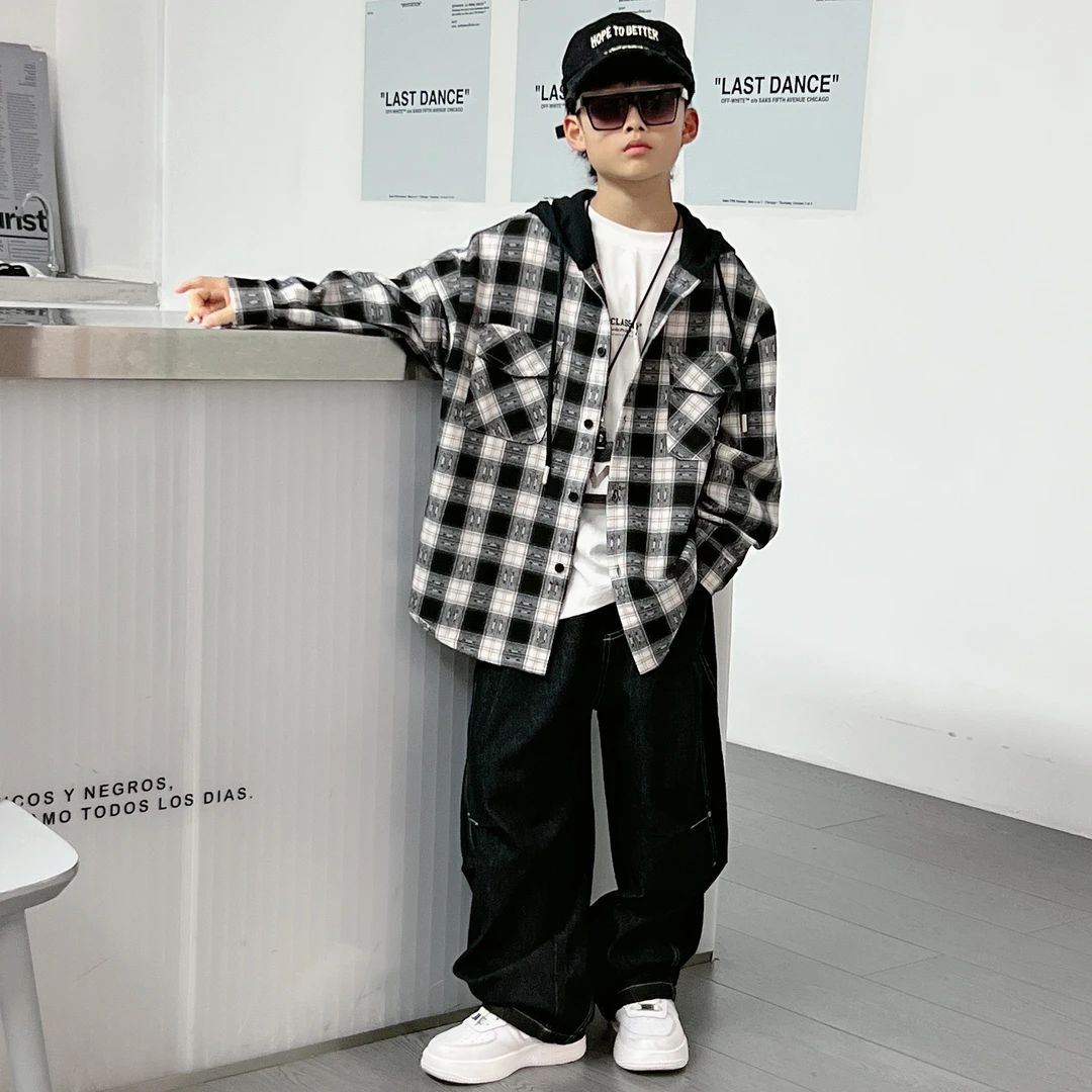 【嘟妈童装】2025男童秋季新款格子连帽衬衫中大儿童外套1001