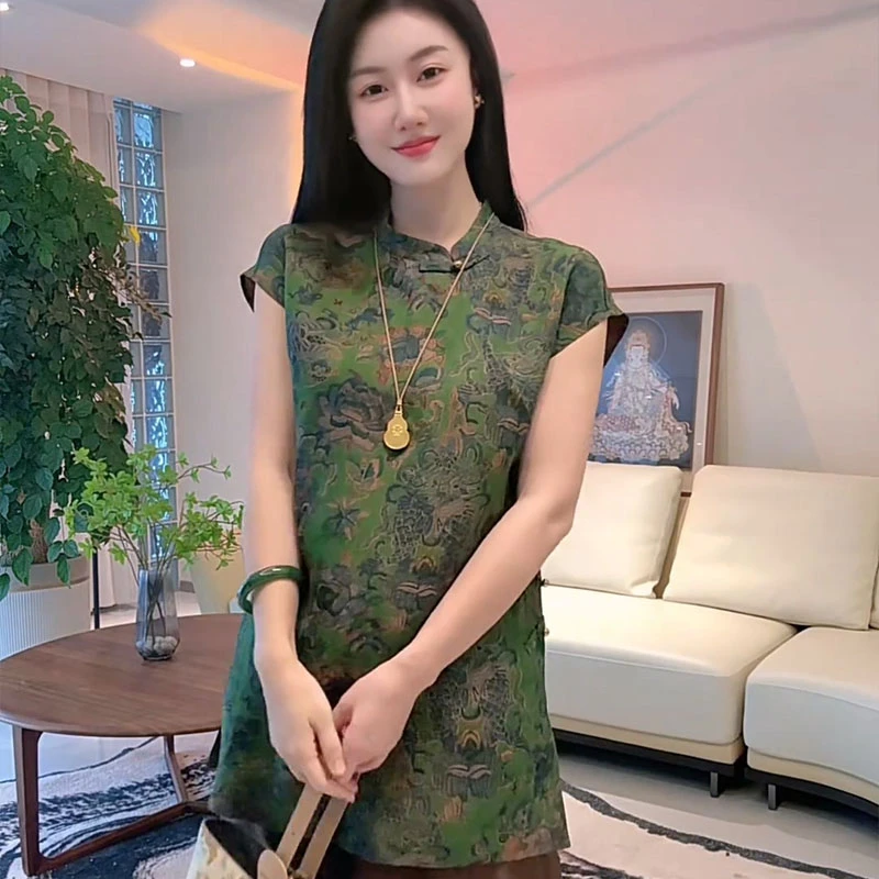 新中式国风绿色印花改良旗袍上衣女新款夏季高级感盘扣上衣