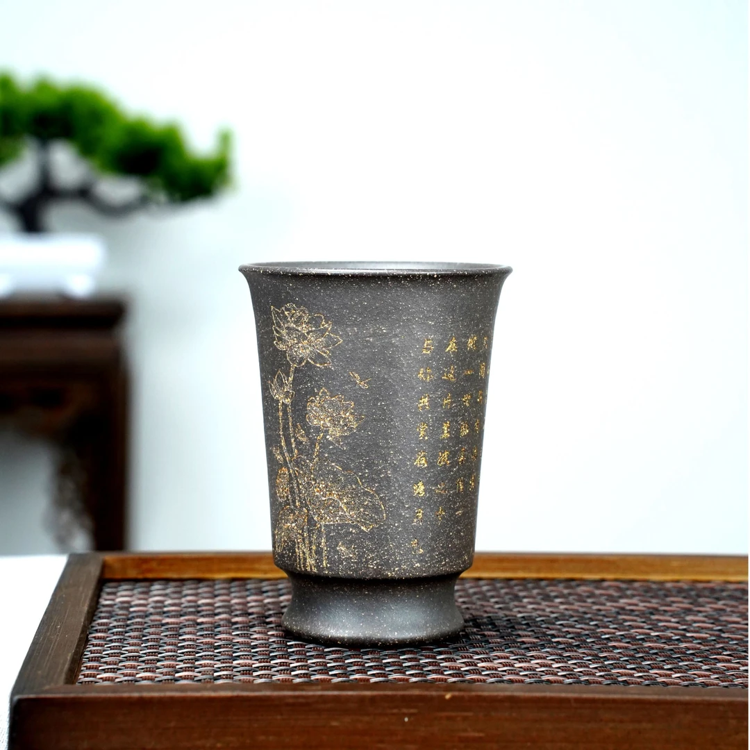 荷花/主人杯  120cc  宜兴紫砂/天青泥（描金）