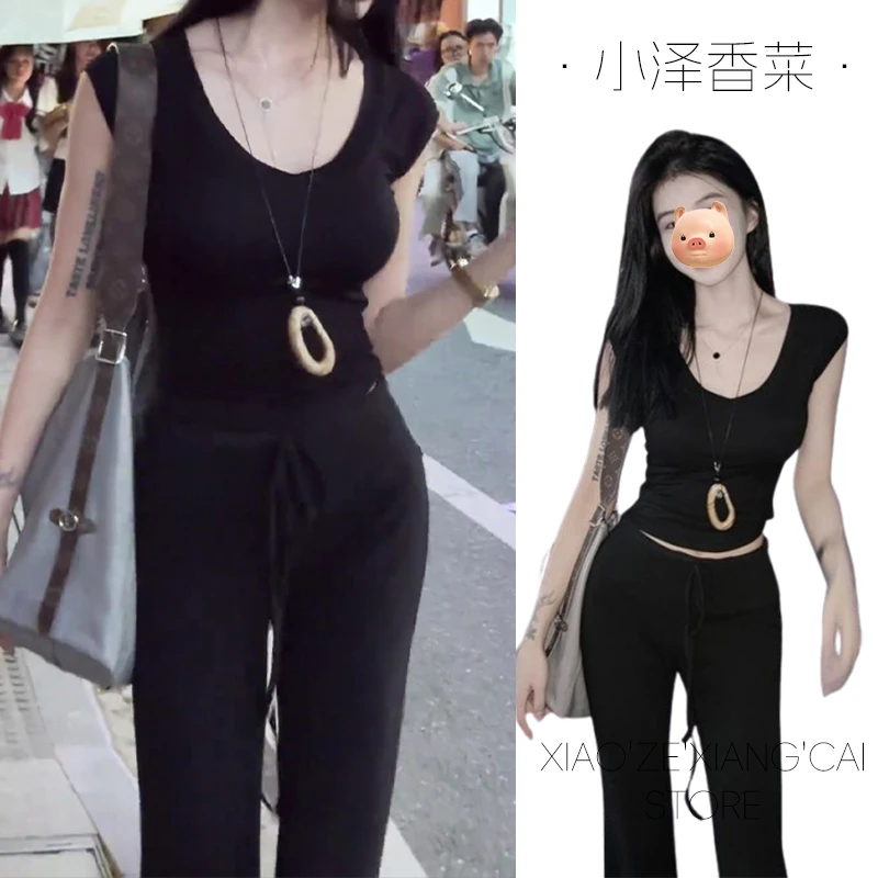 黑色V领正肩短袖T恤女夏季设计感小众修身显瘦辣妹短款小飞袖上衣