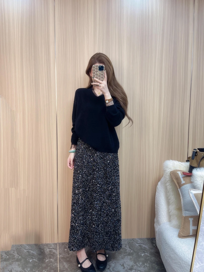 厚亮片半身裙 复古法式中长款裙子 冬季氛围