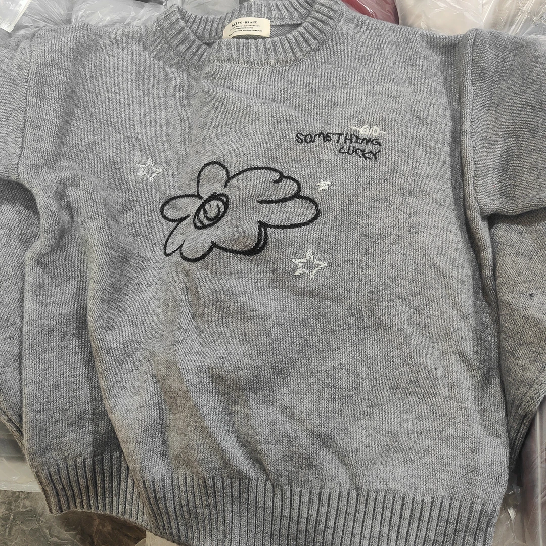 2T6772-1新款时尚宽松浣熊绒刺绣图案圆领套头百搭针织衫毛衣上衣