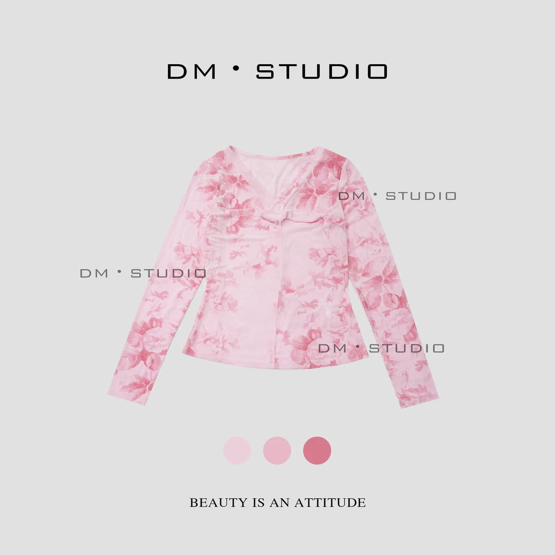 DM•STUDIO/高级气质修身显瘦水墨扎染V领醋酸衬衣（81347）