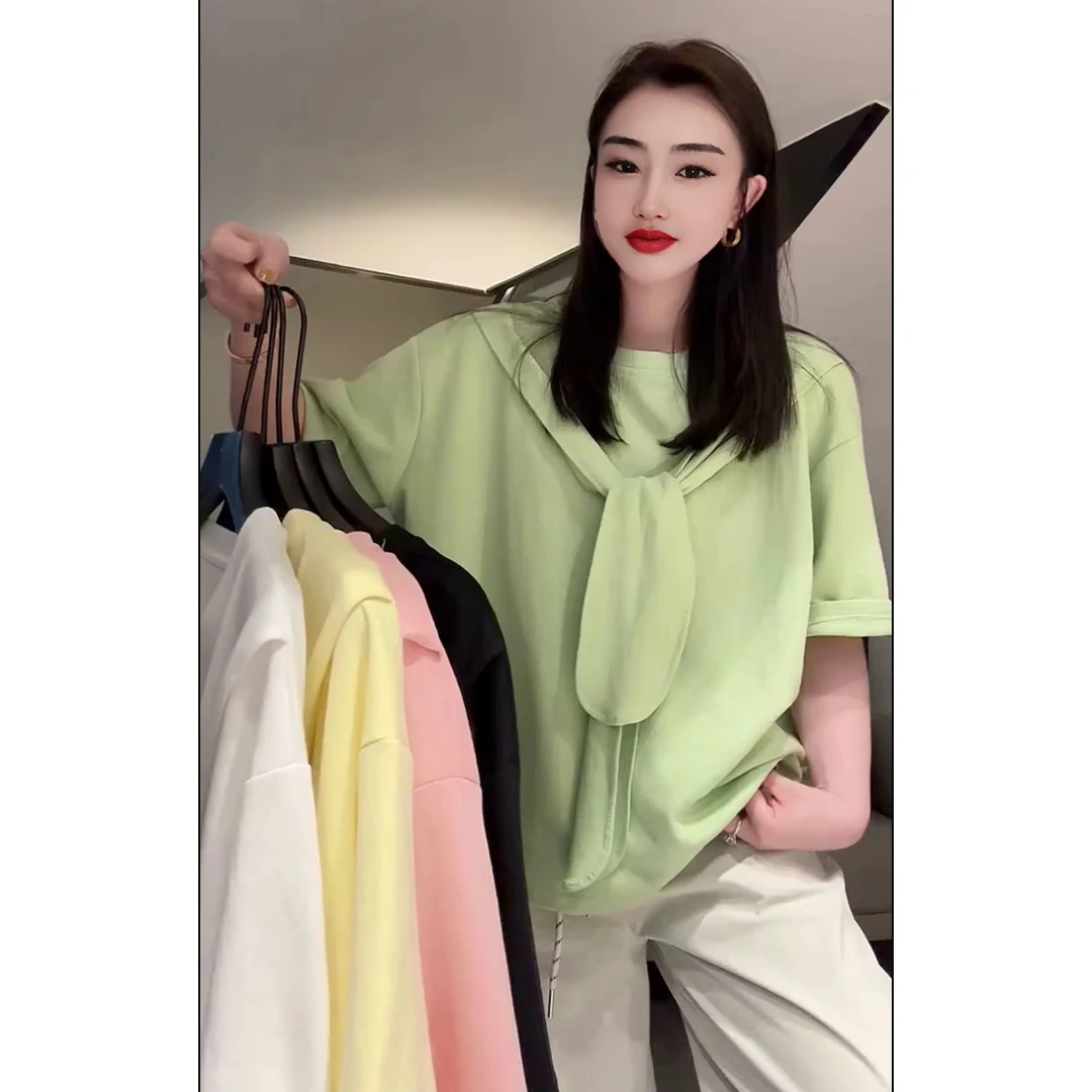 披肩短袖T恤百搭夏季薄款宽松纯色韩版设计感小众休闲慵懒风