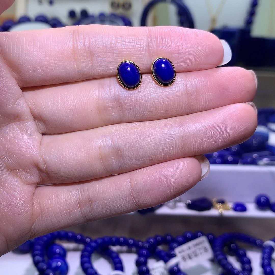 青金石合金天然原矿耳钉