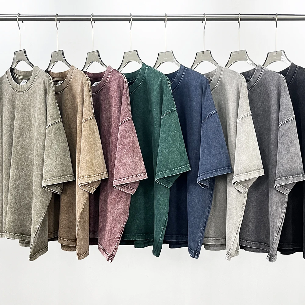 cleanfit夏季水洗蜡染做旧短宽Boxy版型休闲复古小领口短袖T恤男