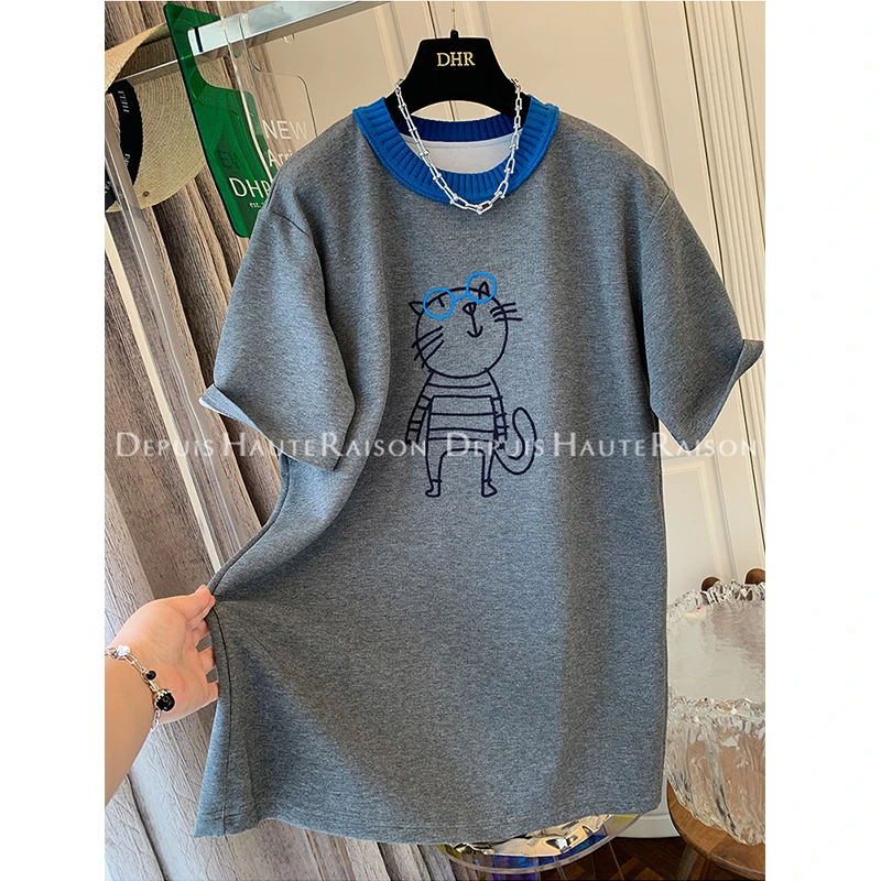 胖MM240斤大码独特小众撞色针织领加厚磨毛短袖女秋冬内搭打底衫