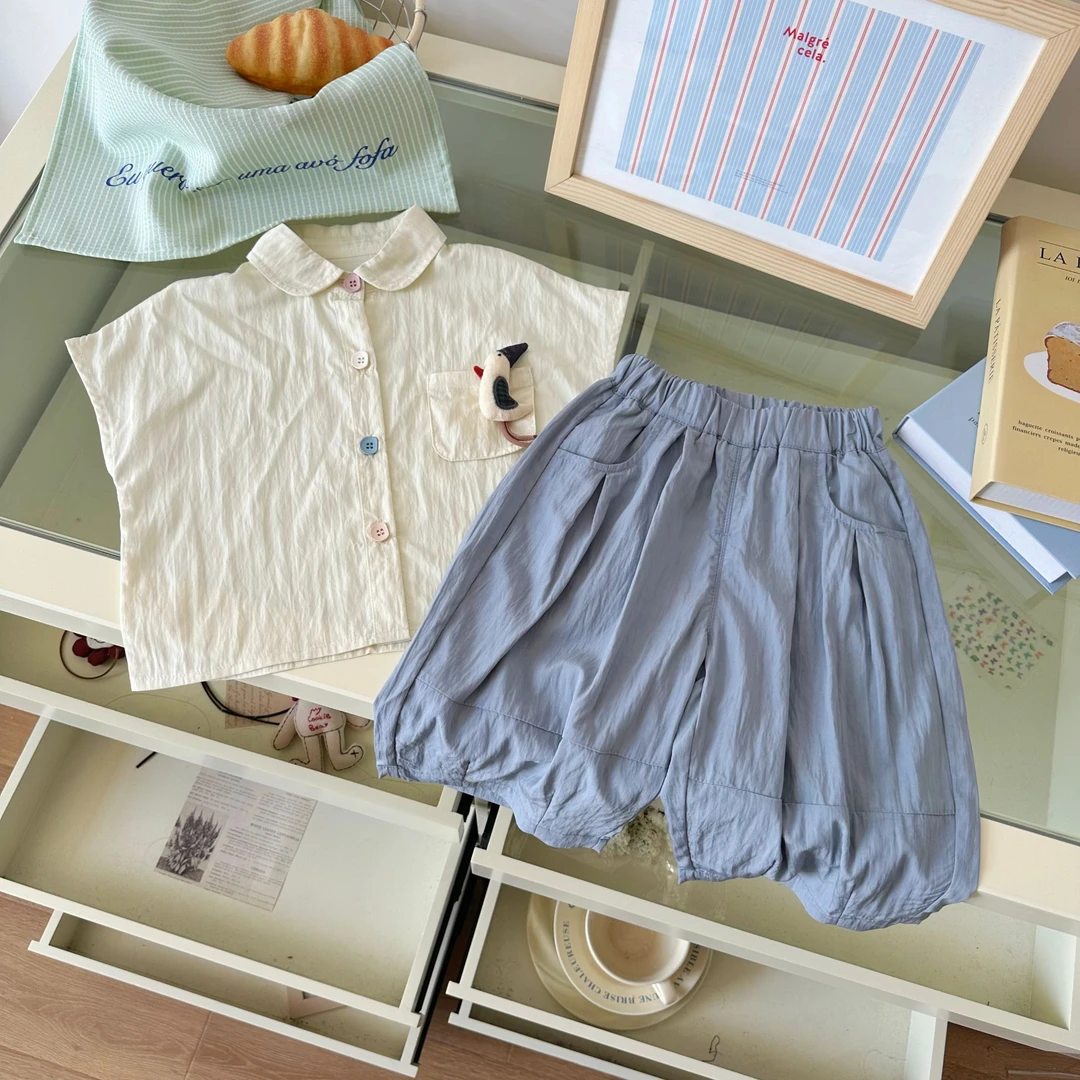 【啄木鹅】DZ25259橘止皮2025夏男小童透气无袖衬衫韩版防蚊裤套装