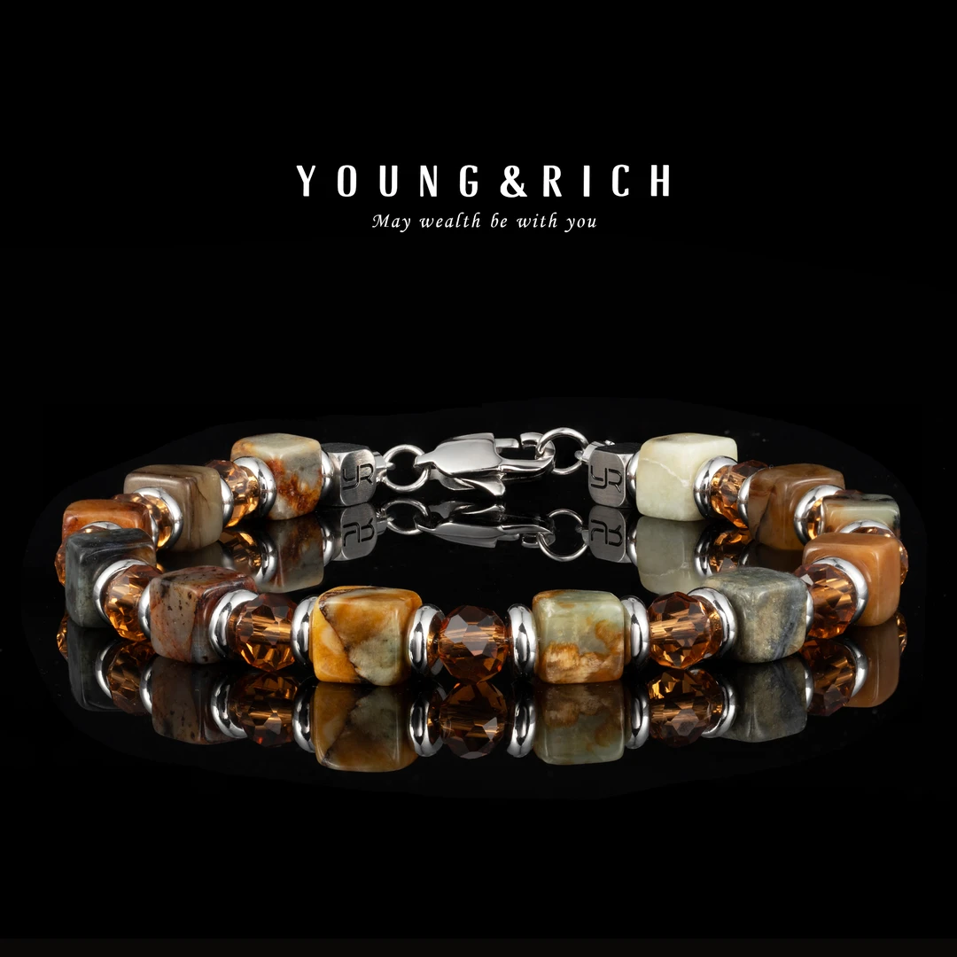 YOUNG&RICH复古个性岫玉手链时尚方形6mm手串欧美风手工小众首饰