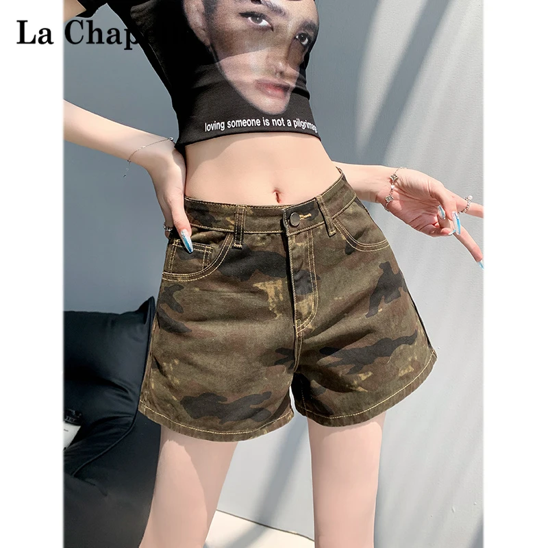 拉夏贝尔迷彩牛仔短裤女高腰直筒炸街潮工装显瘦休闲a字阔腿热裤