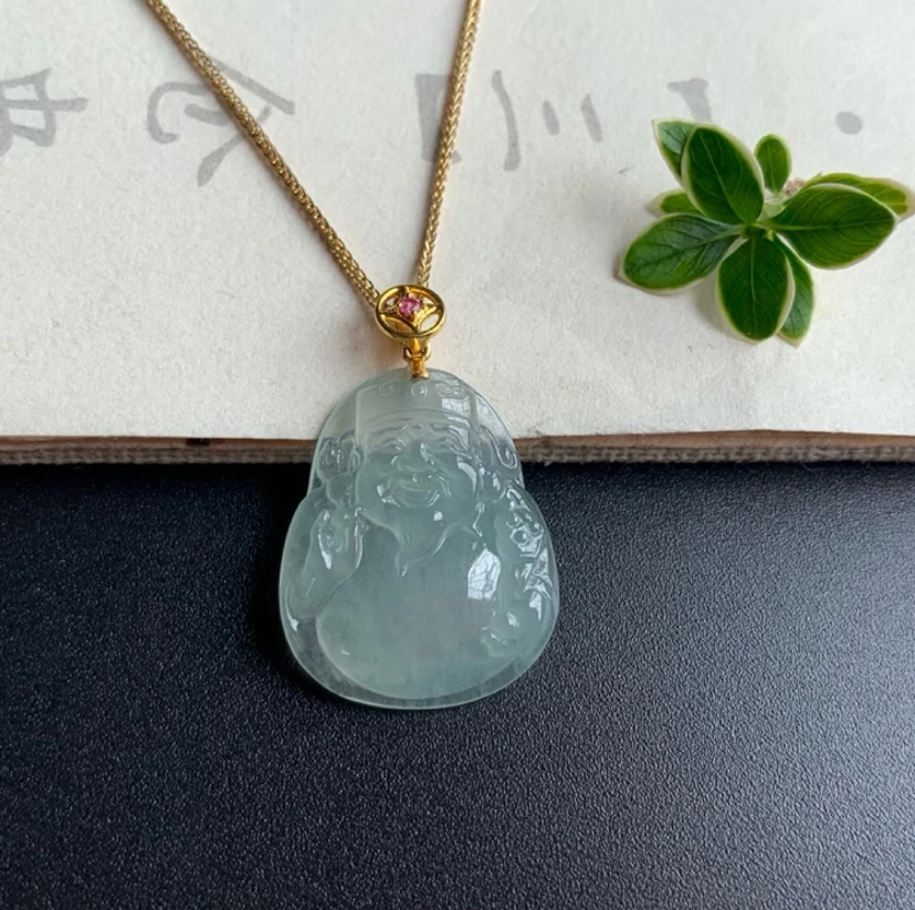 K金镶财神吊坠，天然缅甸翡翠A货