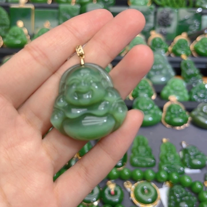 颈饰18K金镶嵌和田玉（碧玉）一线天粉青冰猫35m