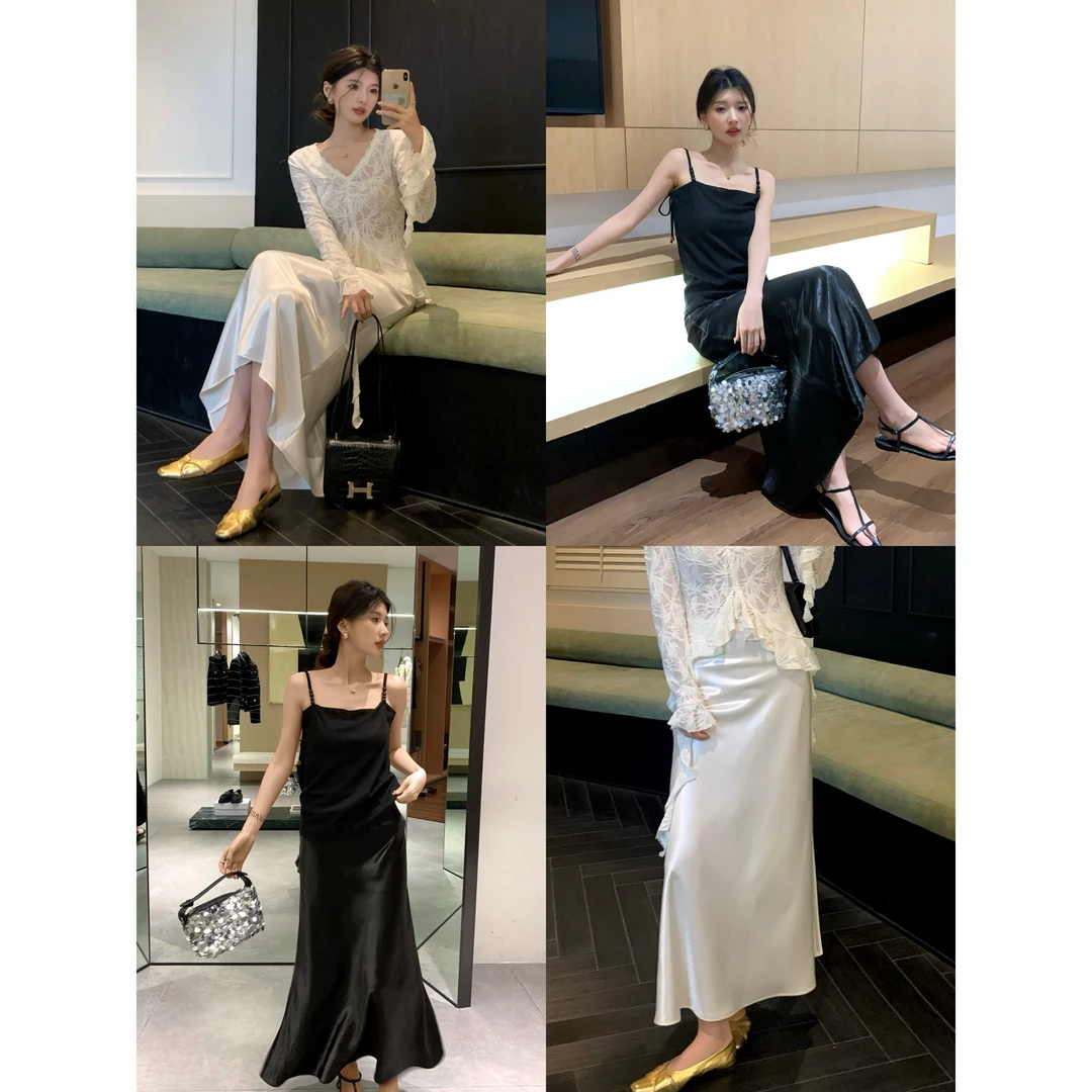 UKILAU高级感醋酸缎面包臀半身裙女高腰显瘦垂感a字鱼尾长裙05307