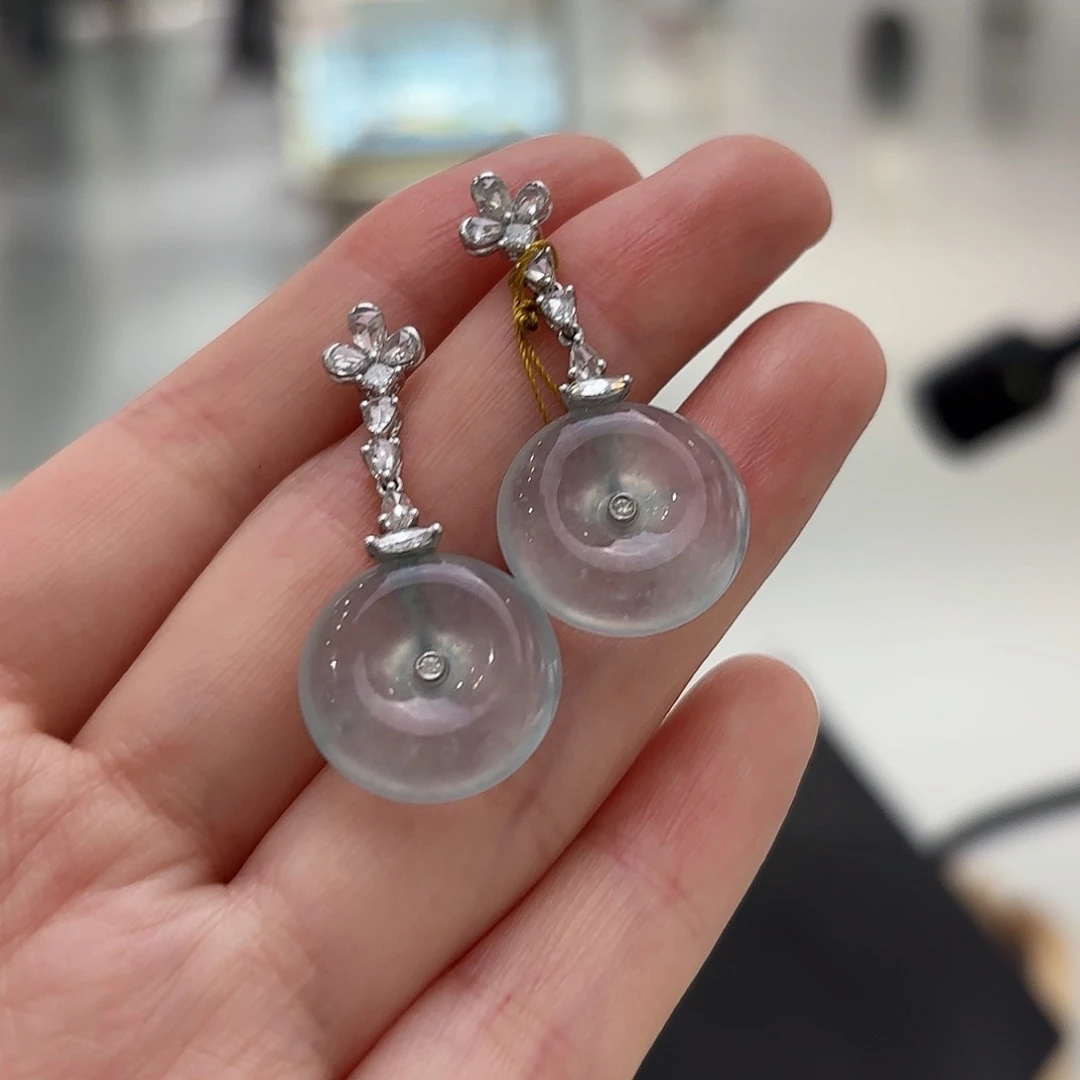 翡翠铂Pt950镶嵌耳饰翡翠平安扣耳饰多人不退不换