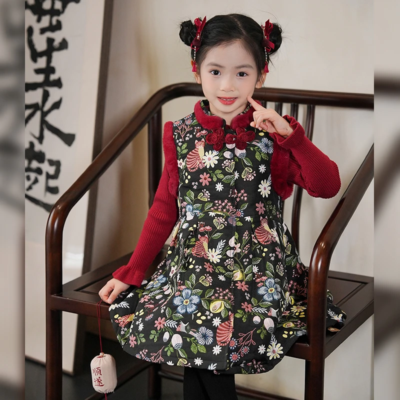 80900女童连衣裙冬装2025新款新中式国风拜年服汉服旗袍裙新年服