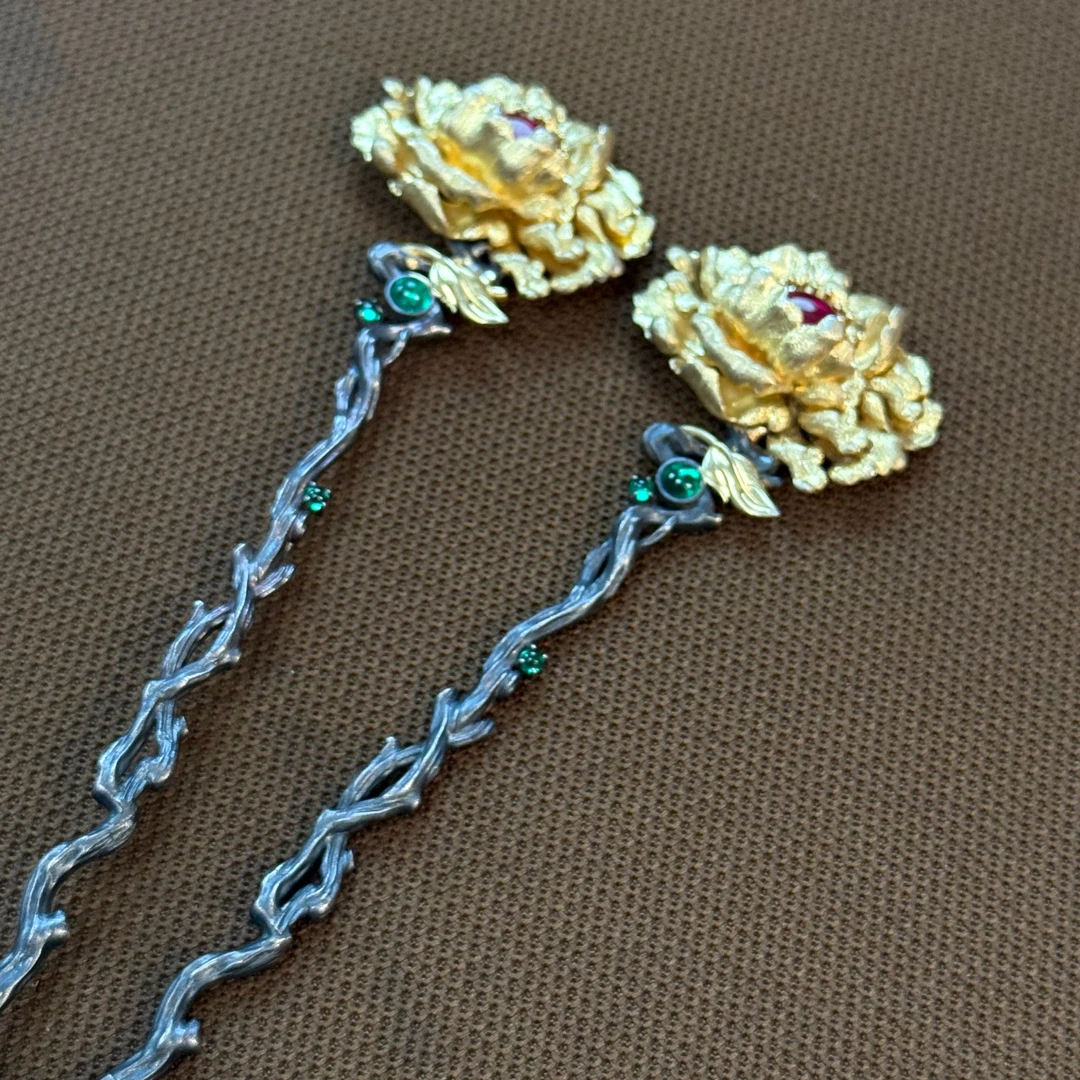 925银银制品 衣锦媚行牡丹发簪