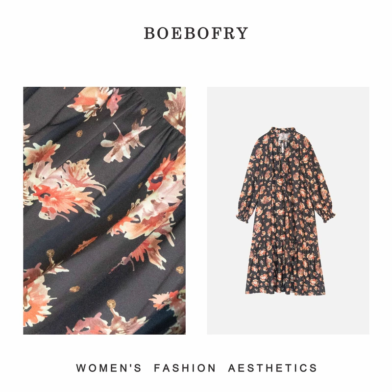BOEBOFRY<秘境花园>春季V领木耳边插肩碎花长袖连衣裙BE1L0533