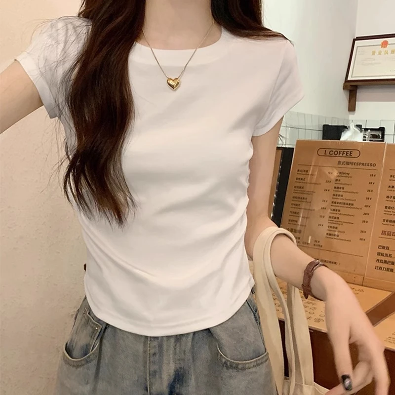 纯白色短袖正肩T恤女夏季新款修身显瘦褶皱收腰短款半袖上衣