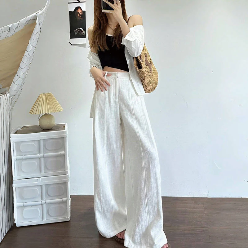 白色棉麻阔腿裤2025春夏薄款高腰垂感老钱风拖地休闲宽松慵懒裤子